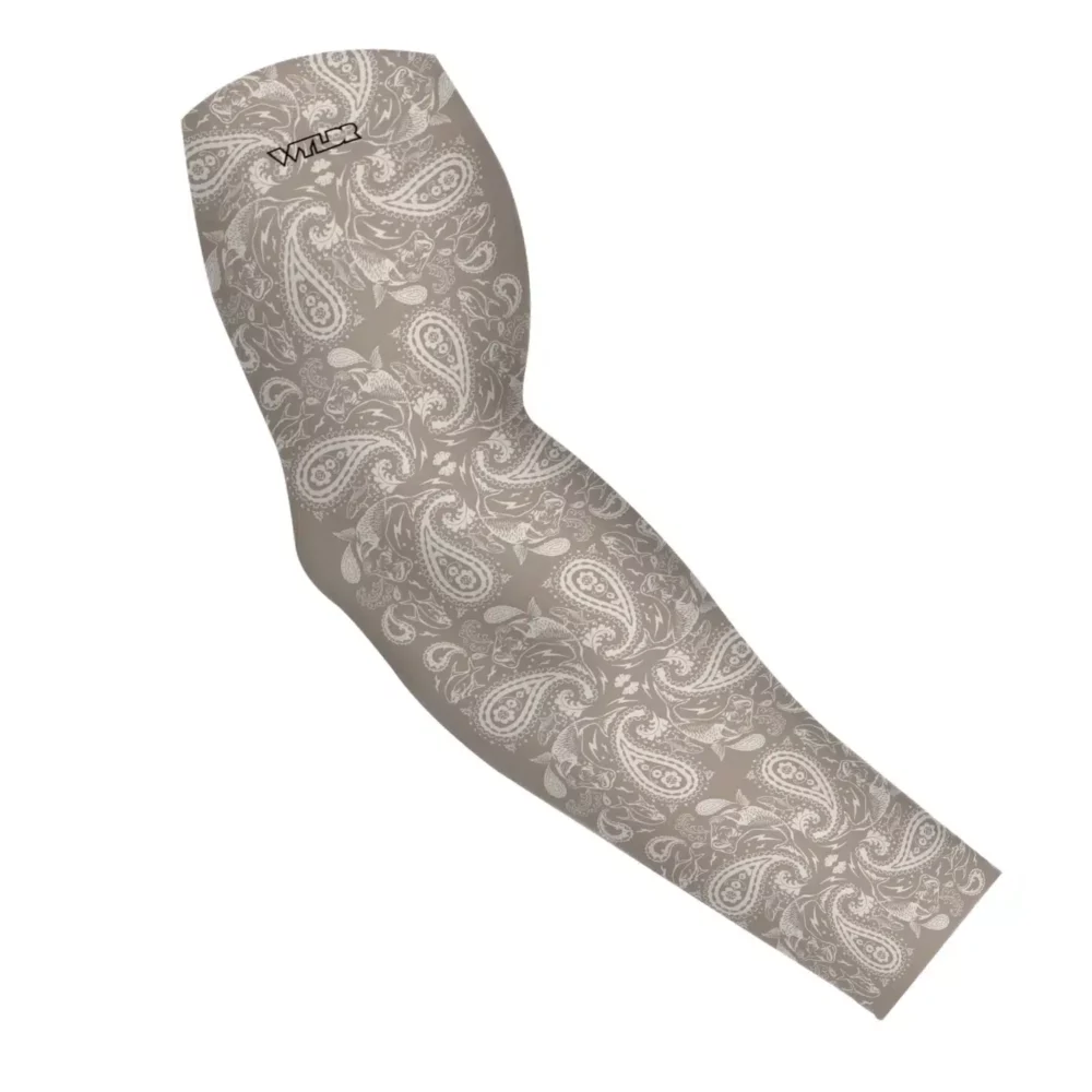 an image of an arm sleeve where paisley has been redesigned. traditional paisley elements have been replaced with different fish species. this design is available in a dune/putty color variant