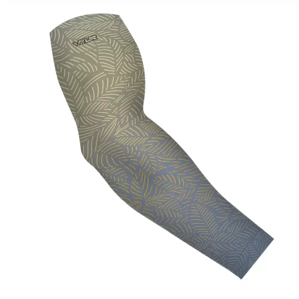 an image of an arm sleeve in an abstract pattern. lines are used to create the illusion of leaves on a gradient color background. this is in the lake/sunflower color variant