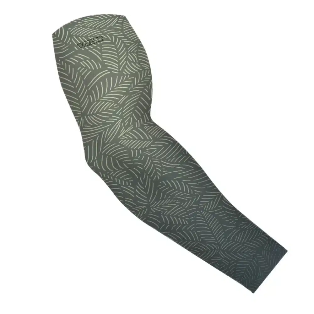 an image of an arm sleeve in an abstract pattern. lines are used to create the illusion of leaves on a gradient color background. this is in the slate/sunflower color variant
