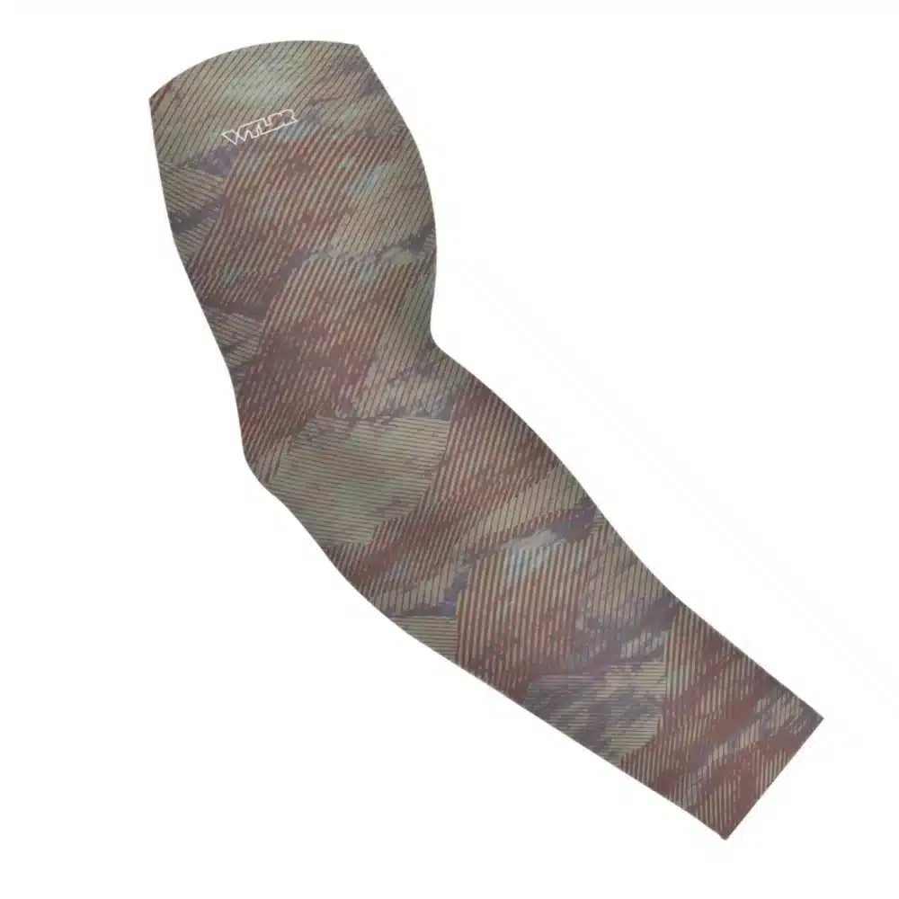 an image of an arm sleeve in an abstract pattern. lines are used to create the illusion of mountain ridges. this is in the cedar/sage color variant