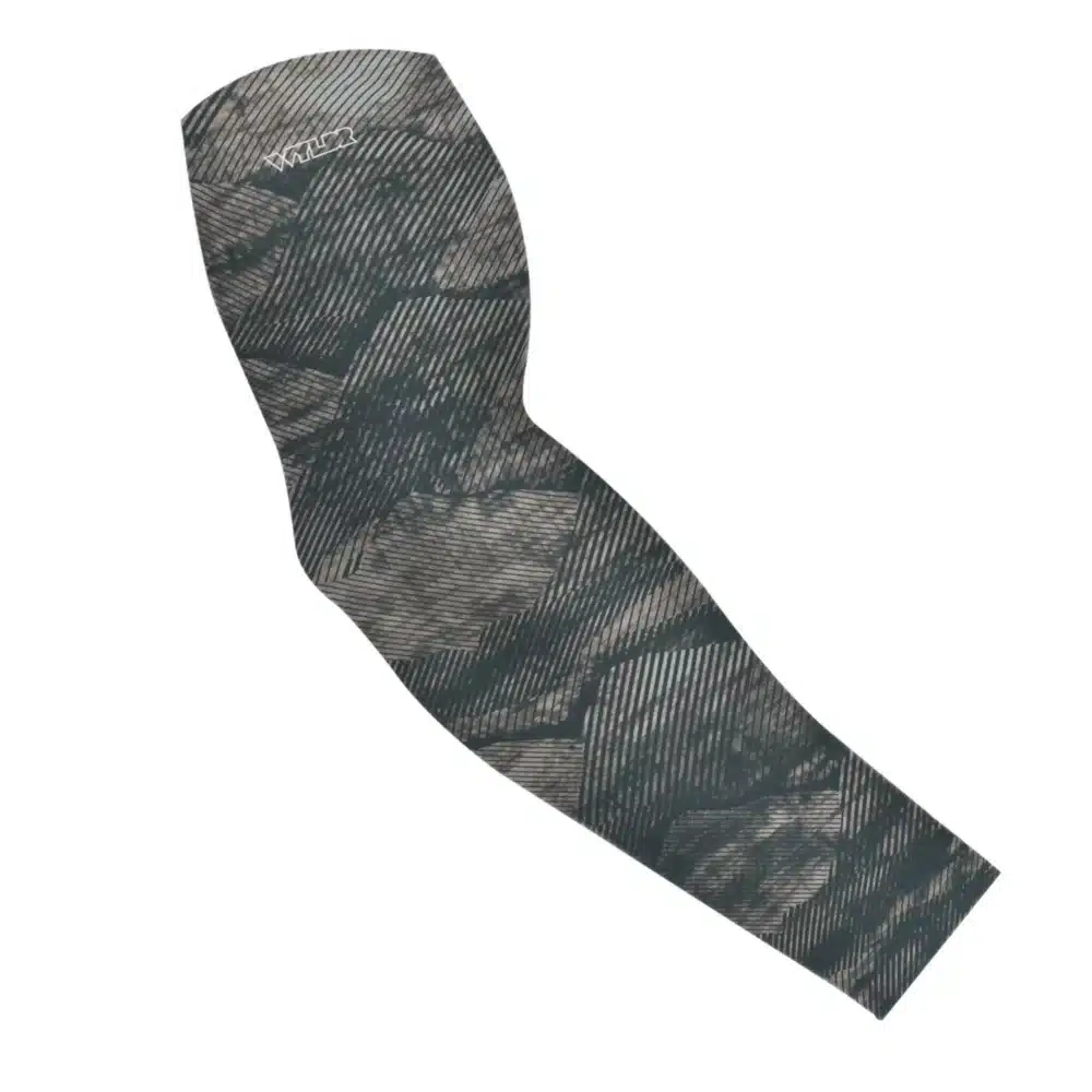 an image of an arm sleeve in an abstract pattern. lines are used to create the illusion of mountain ridges. this is in the coal/hibiscus color variant