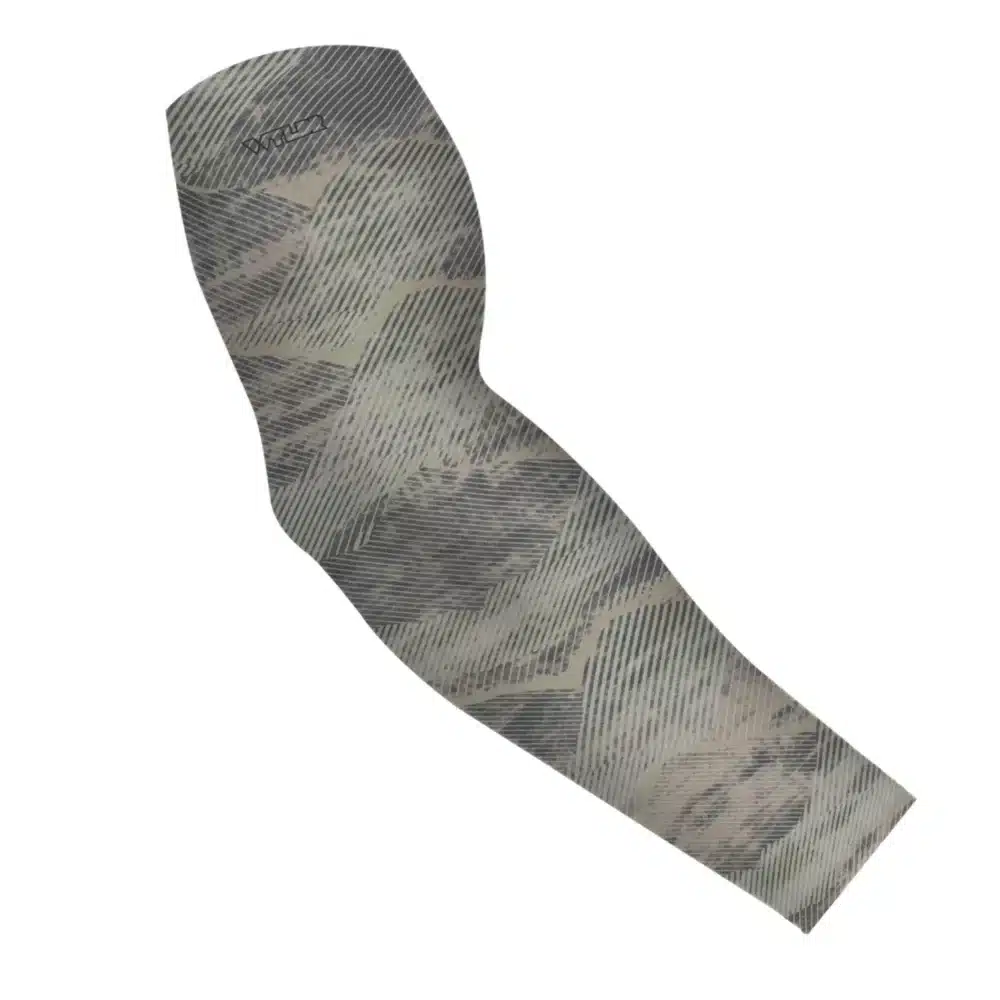 an image of an arm sleeve in an abstract pattern. lines are used to create the illusion of mountain ridges. this is in the sage/dune color variant