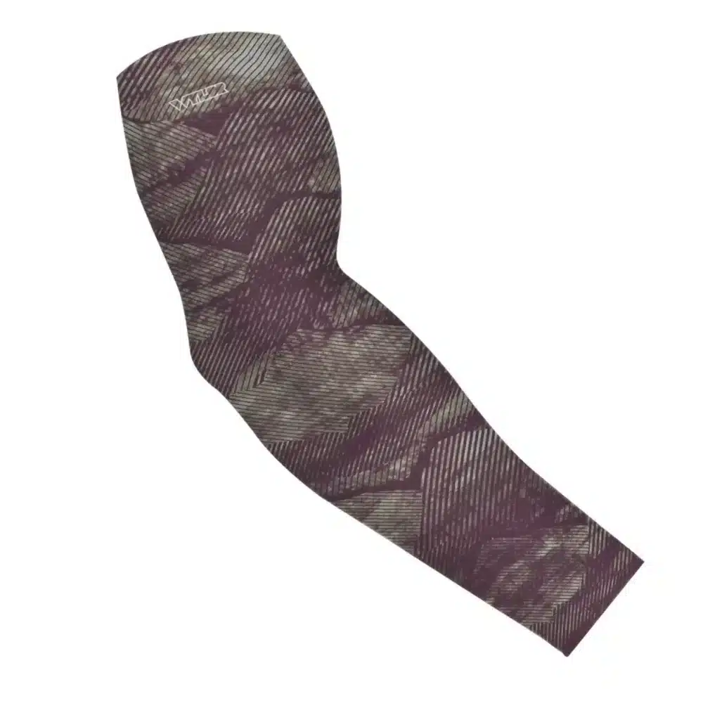 an image of an arm sleeve in an abstract pattern. lines are used to create the illusion of mountain ridges. this is in the vine/celery color variant