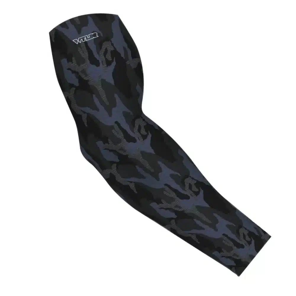an image of an arm sleeve in a camo pattern. inspired by current military camo, this takes that design and adds lined texture to some of the colors. featuring coal and smoke color variants