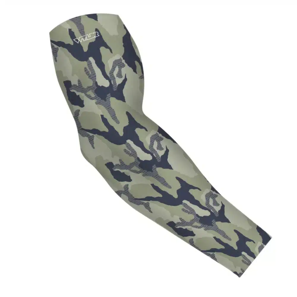 an image of an arm sleeve in a camo pattern. inspired by current military camo, this takes that design and adds lined texture to some of the colors. featuring sage and rain color variants