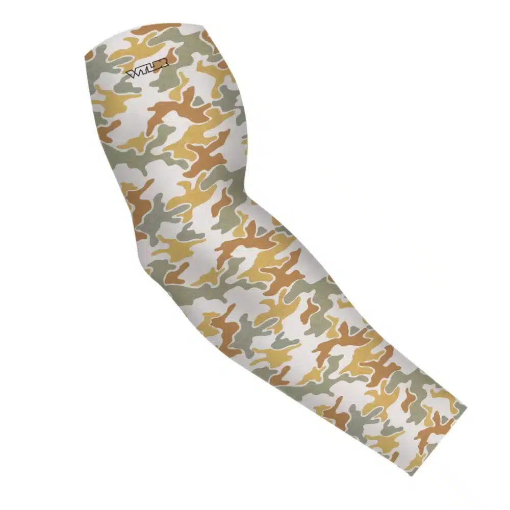 an image of an arm sleeve using an old re-designed retro camo. a topo map has been placed behind some colors adding a new textured layer. the colors are in a celery/sunflower variant