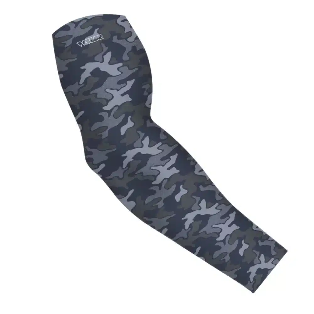 an image of an arm sleeve using an old re-designed retro camo. a topo map has been placed behind some colors adding a new textured layer. the colors are in a coal/smoke variant