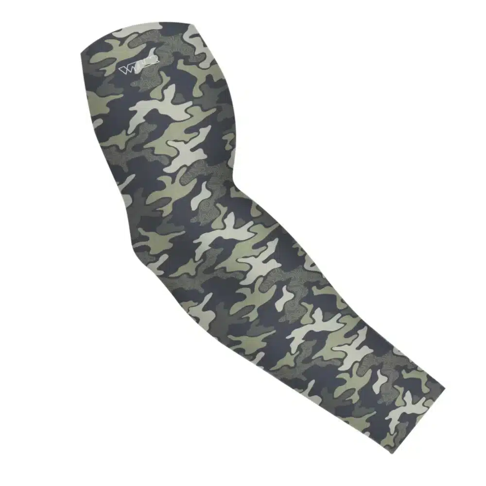 an image of an arm sleeve using an old re-designed retro camo. a topo map has been placed behind some colors adding a new textured layer. the colors are in a sage/smoke variant