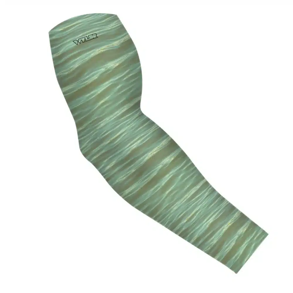 an image of an arm sleeve in a ripple pattern featuring green and orange colors
