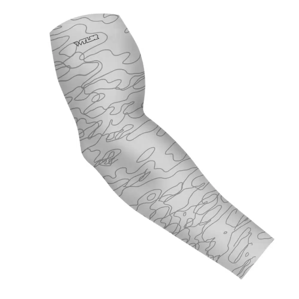 an image of an arm sleeve in a simple re-designed topographical map design. Background is an off-white with gray lines