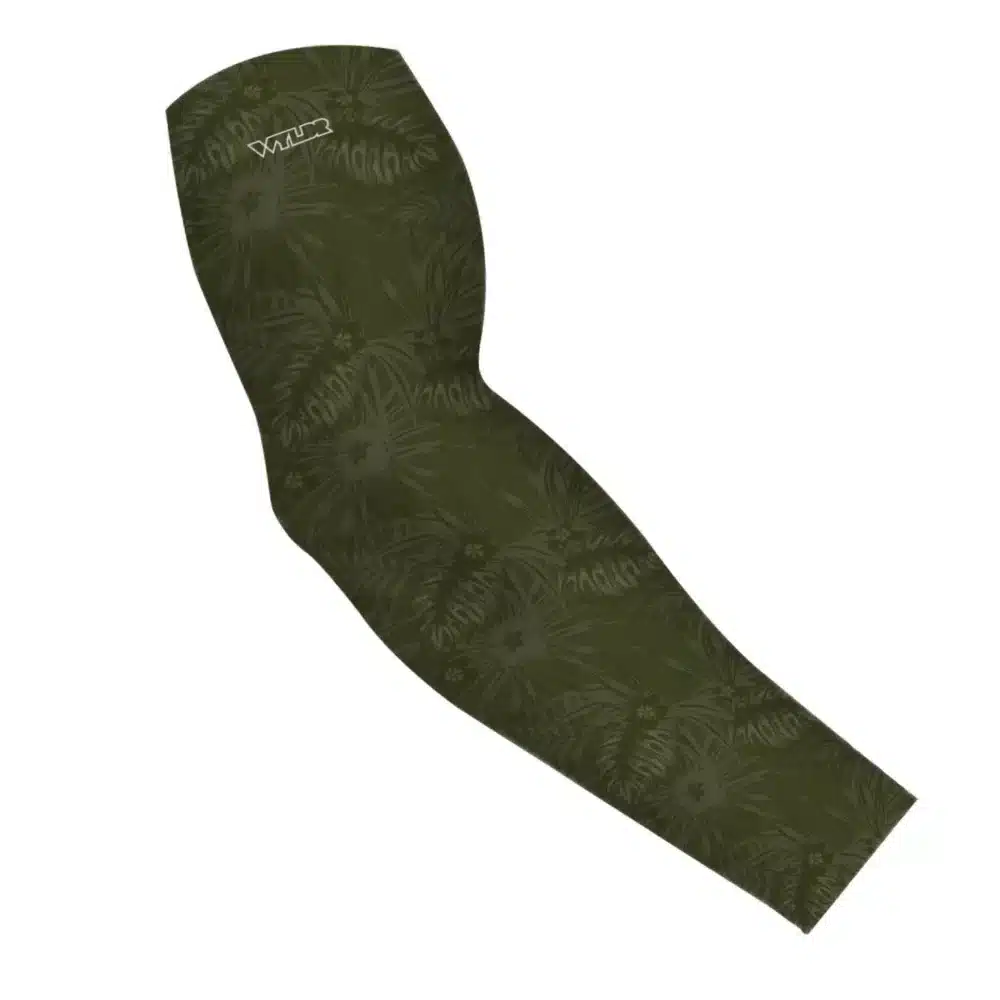 an image of an arm sleeve in an abstract pattern. lines are used to create the illusion of tropical flowers and leaves on a solid color background. this is in the celery/smoke color variant