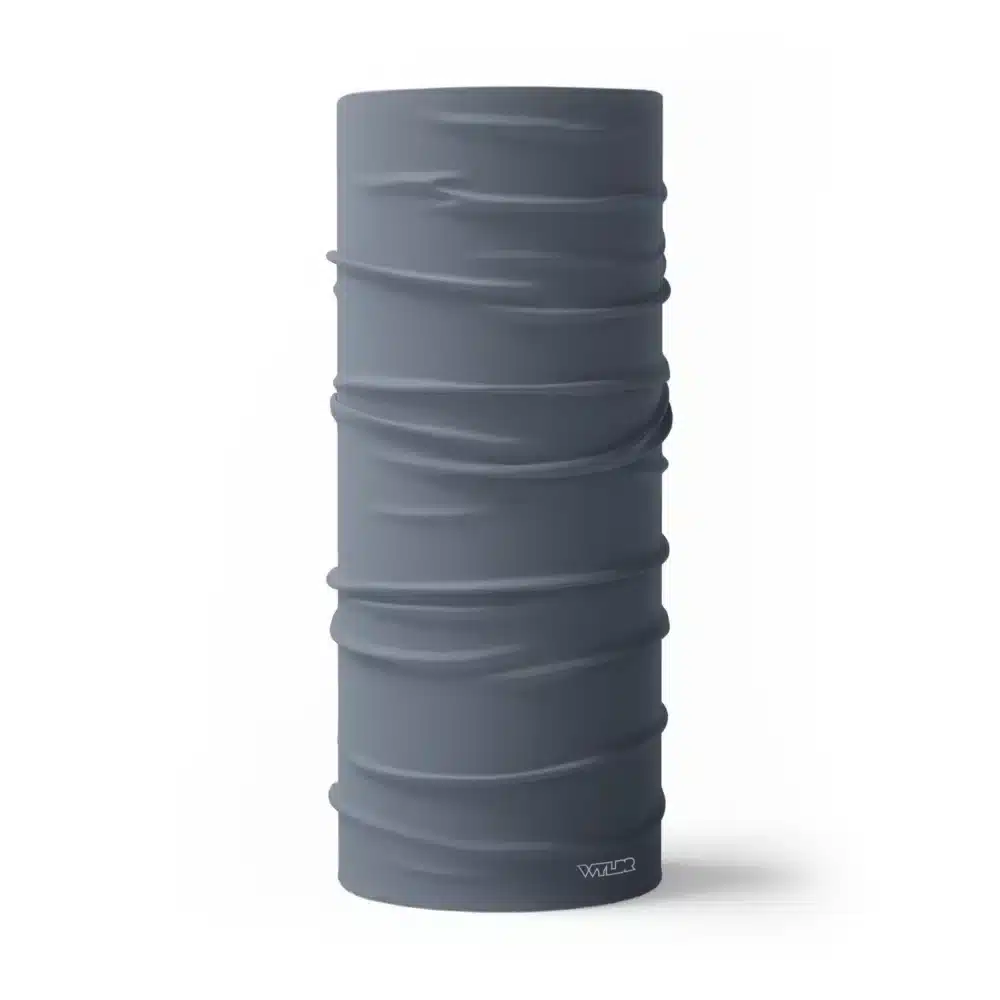 image of a tubular neck gaiter in a solid color called lake or a blue/gray combo.