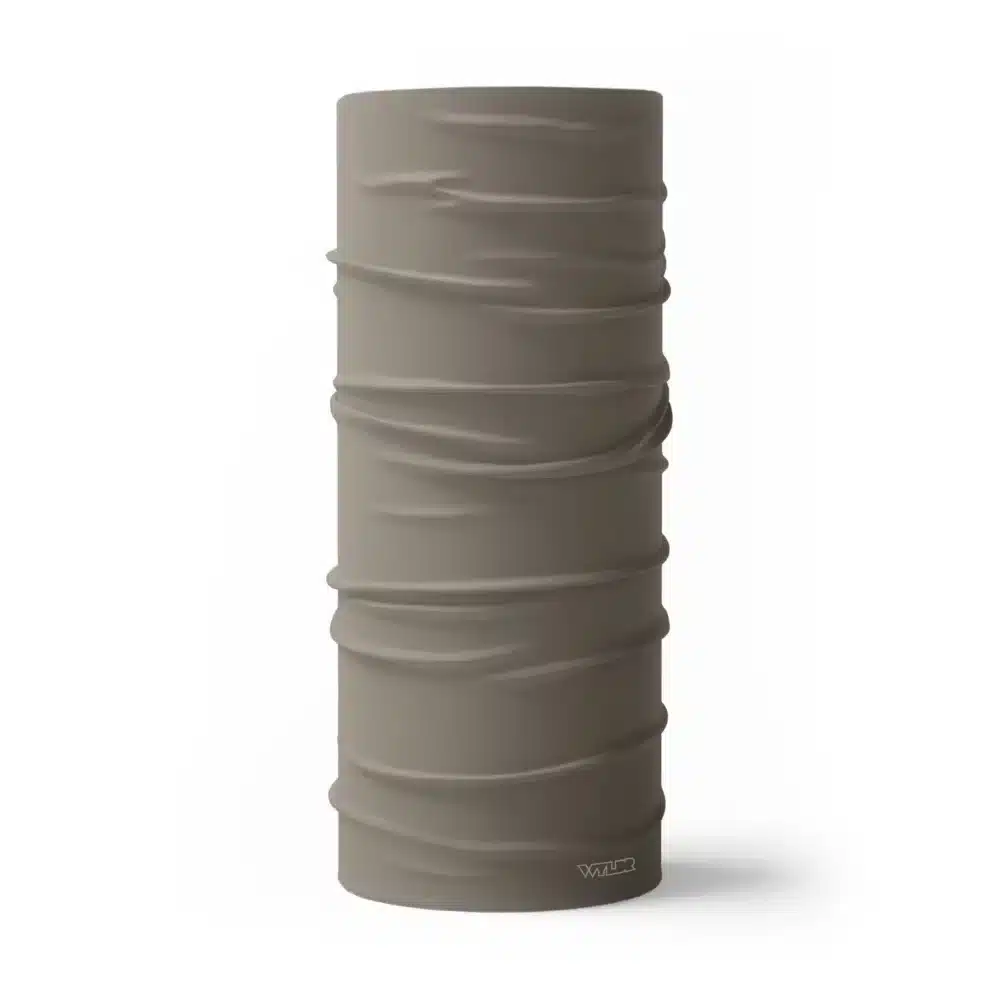 image of a tubular neck gaiter in a solid color called putty or a dark tan.