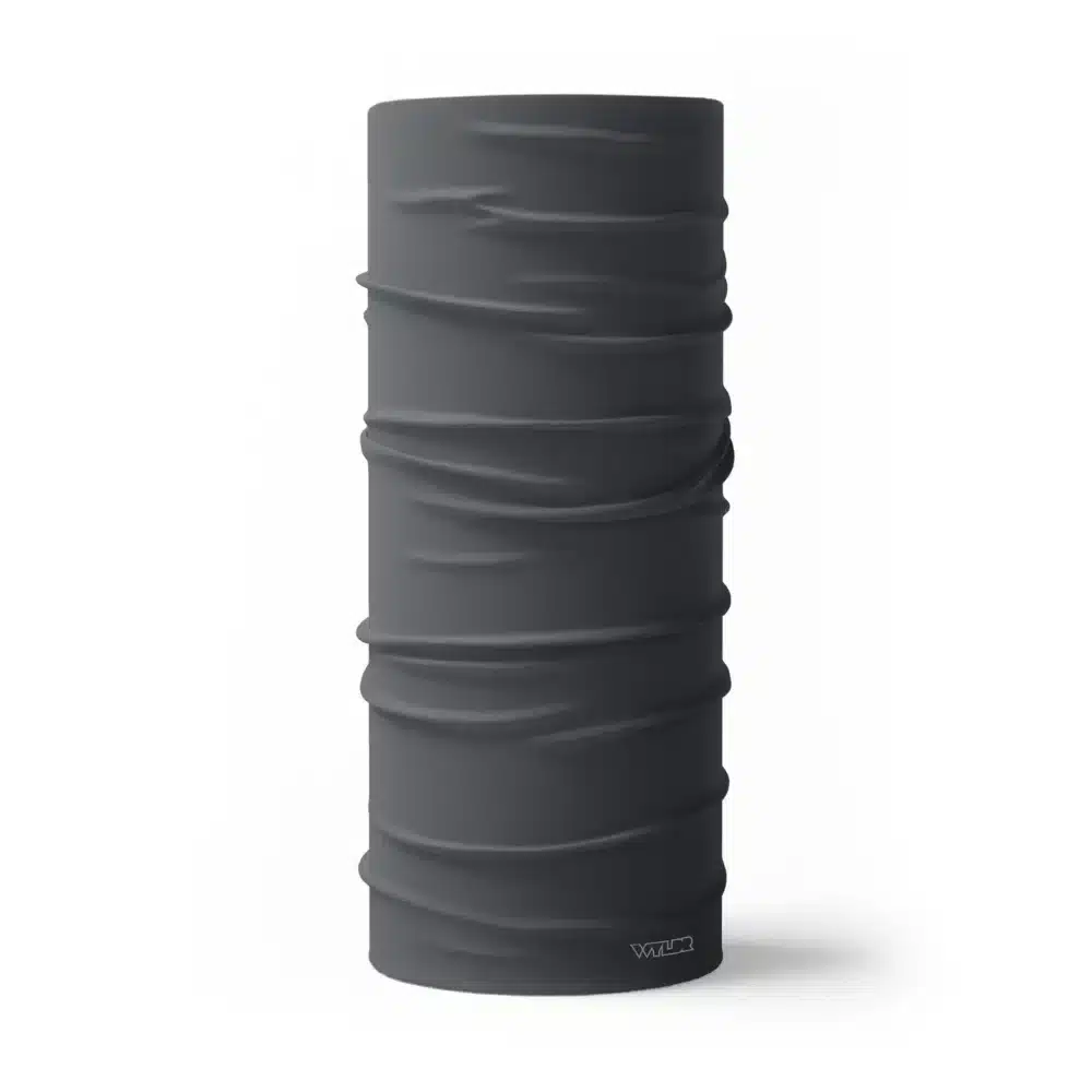 image of a tubular neck gaiter in a solid color called smoke, or a mid-tone gray.