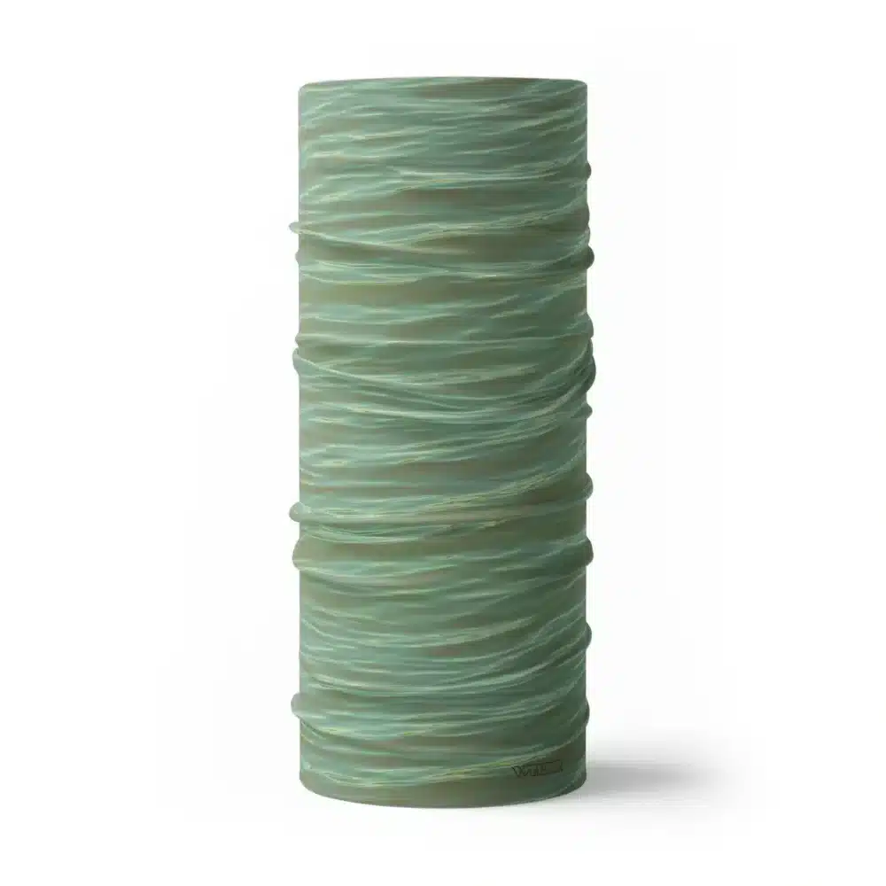 a full size neck gaiter in a ripple pattern featuring green and orange colors
