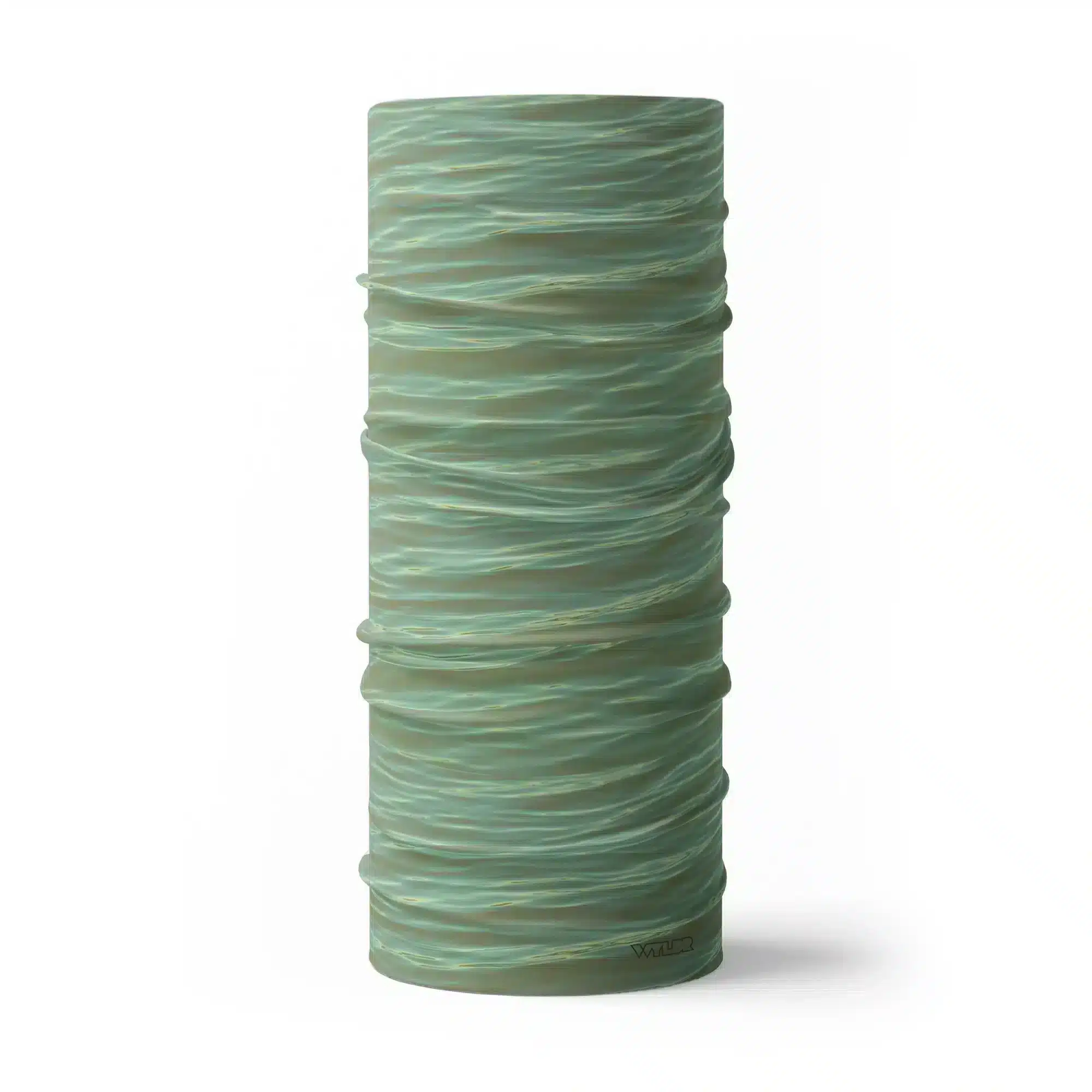 a full size neck gaiter in a ripple pattern featuring green and orange colors