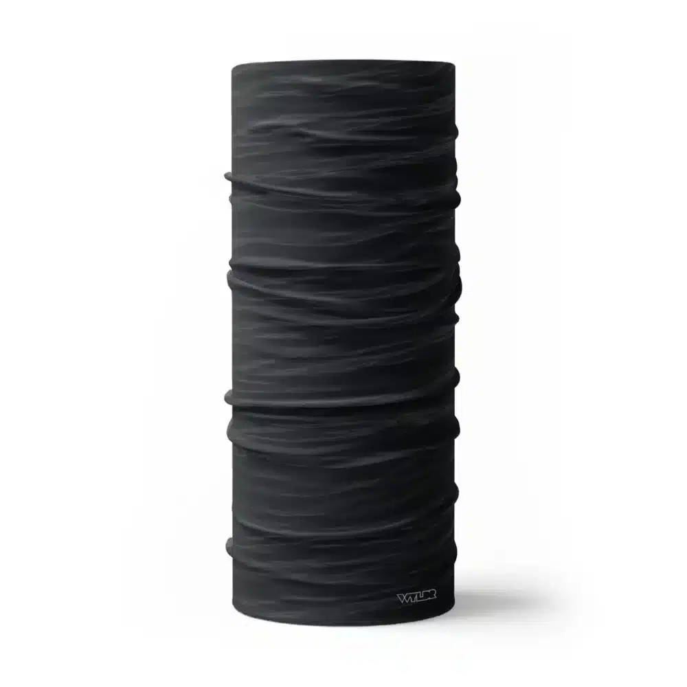 a full size neck gaiter in a ripple pattern featuring black and gray colors