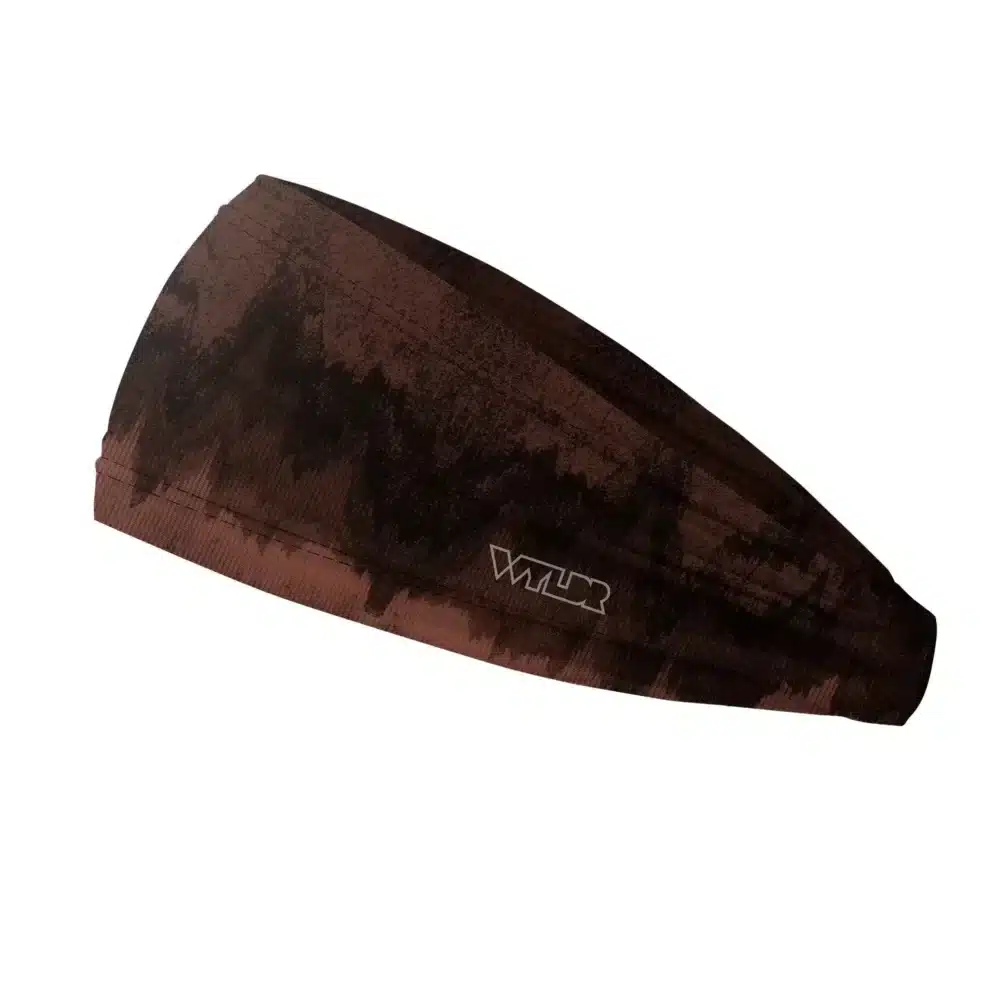 Side view of a headband that is 3 inches at the front and 1 inch in the back to show that it is tapered. this is an abstract design. it brings to mind the image created by a sonic/sonar fish finder. this design is in shades of light to dark red
