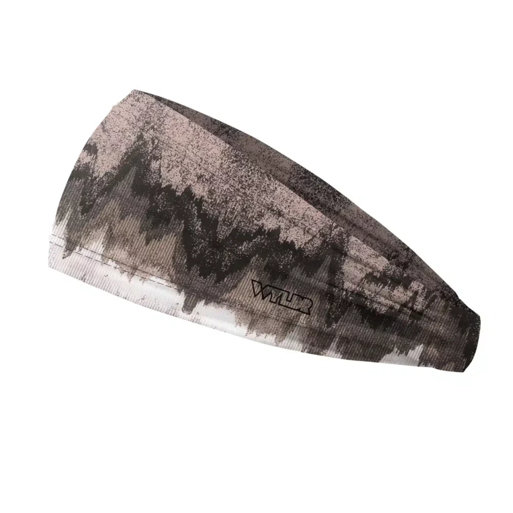 Side view of a headband that is 3 inches at the front and 1 inch in the back to show that it is tapered. this is an abstract design. it brings to mind the image created by a sonic/sonar fish finder. this design is in shades of browns and white