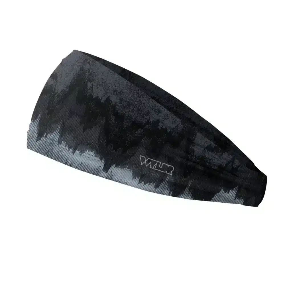 Side view of a headband that is 3 inches at the front and 1 inch in the back to show that it is tapered. this is an abstract design. it brings to mind the image created by a sonic/sonar fish finder. this design is in shades of light to dark blue