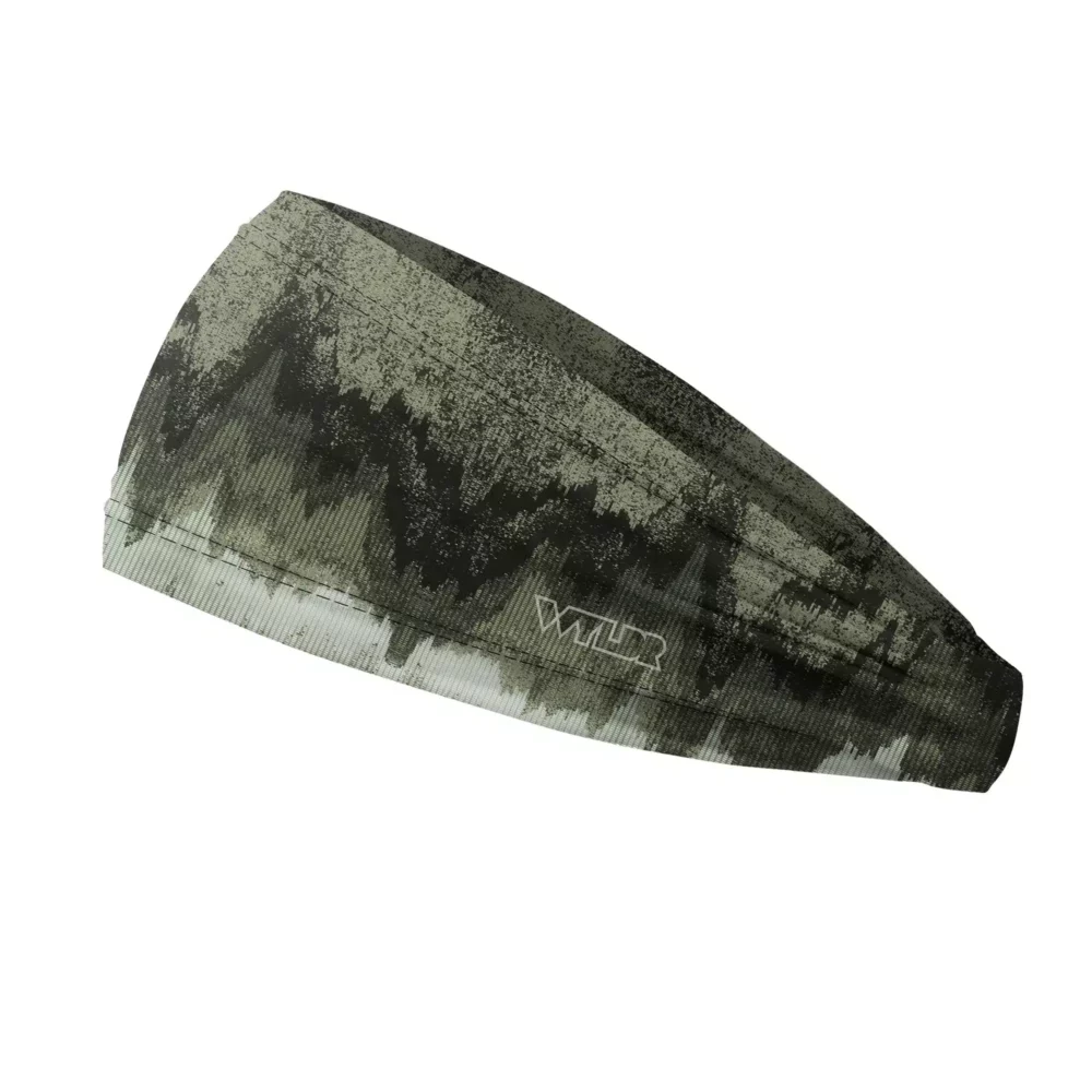 Side view of a headband that is 3 inches at the front and 1 inch in the back to show that it is tapered. this is an abstract design. it brings to mind the image created by a sonic/sonar fish finder. this design is in shades of light to dark green