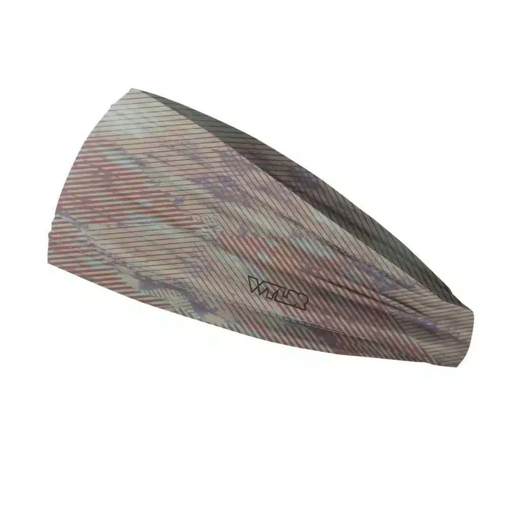Side view of a headband that is 3 inches at the front and 1 inch in the back to show that it is tapered. the design is an abstract pattern. lines are used to create the illusion of mountain ridges. this is in the cedar/sage color variant