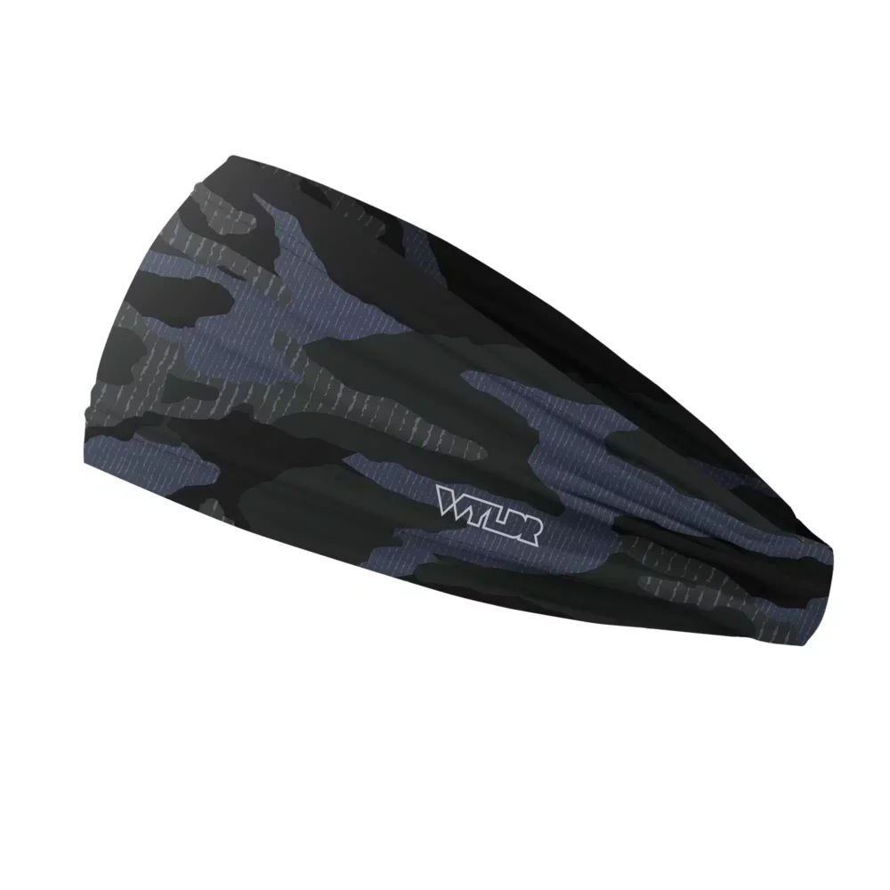 Side view of a headband that is 3 inches at the front and 1 inch in the back to show that it is tapered. inspired by current military camo, this takes that design and adds lined texture to some of the colors. featuring coal and smoke color variants