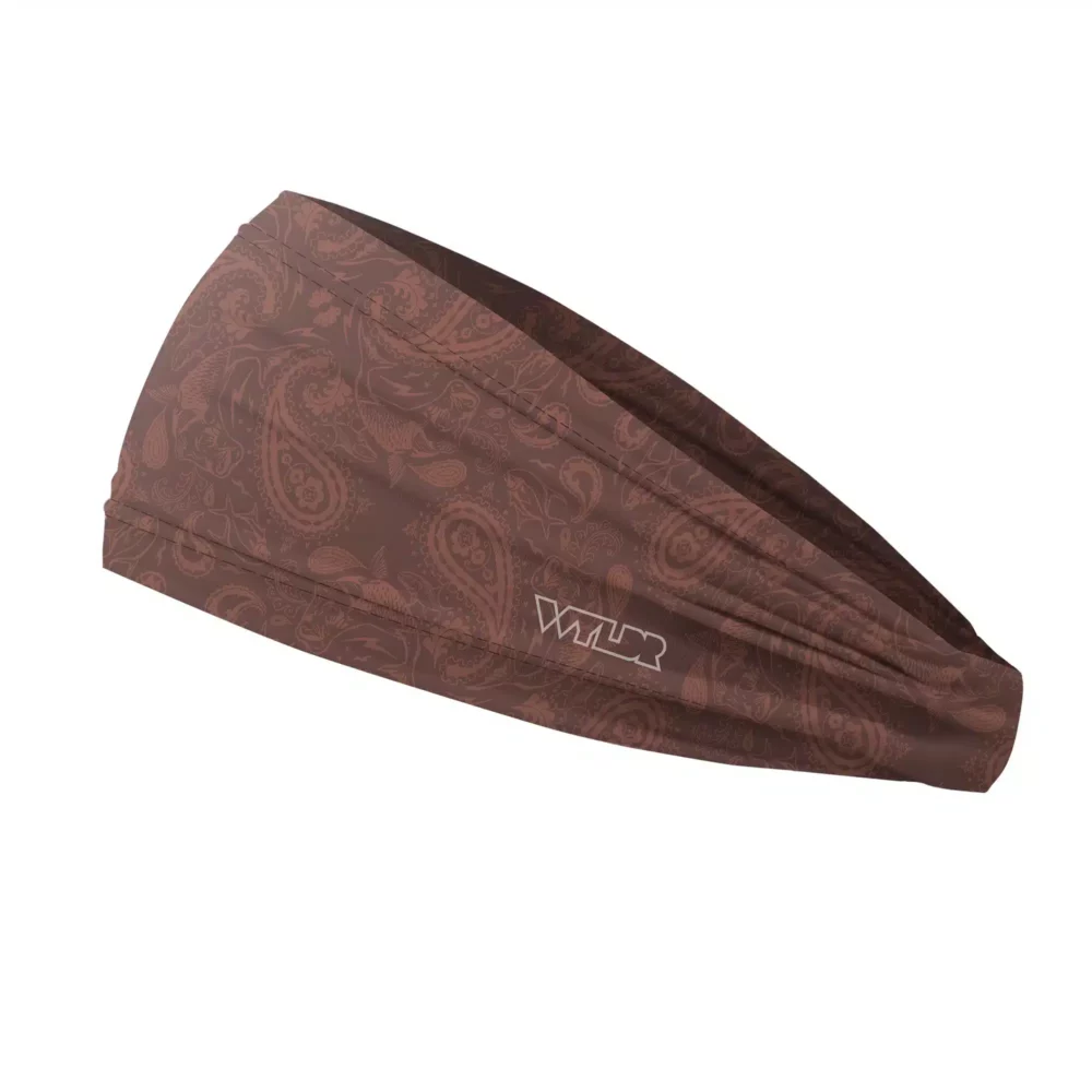 Side view of a headband that is 3 inches at the front and 1 inch in the back to show that it is tapered. traditional paisley elements have been replaced with different fish species. this design is available in a cedar/putty color variant