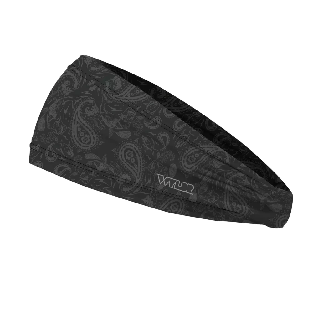 Side view of a headband that is 3 inches at the front and 1 inch in the back to show that it is tapered. traditional paisley elements have been replaced with different fish species. this design is available in a coal/smoke color variant