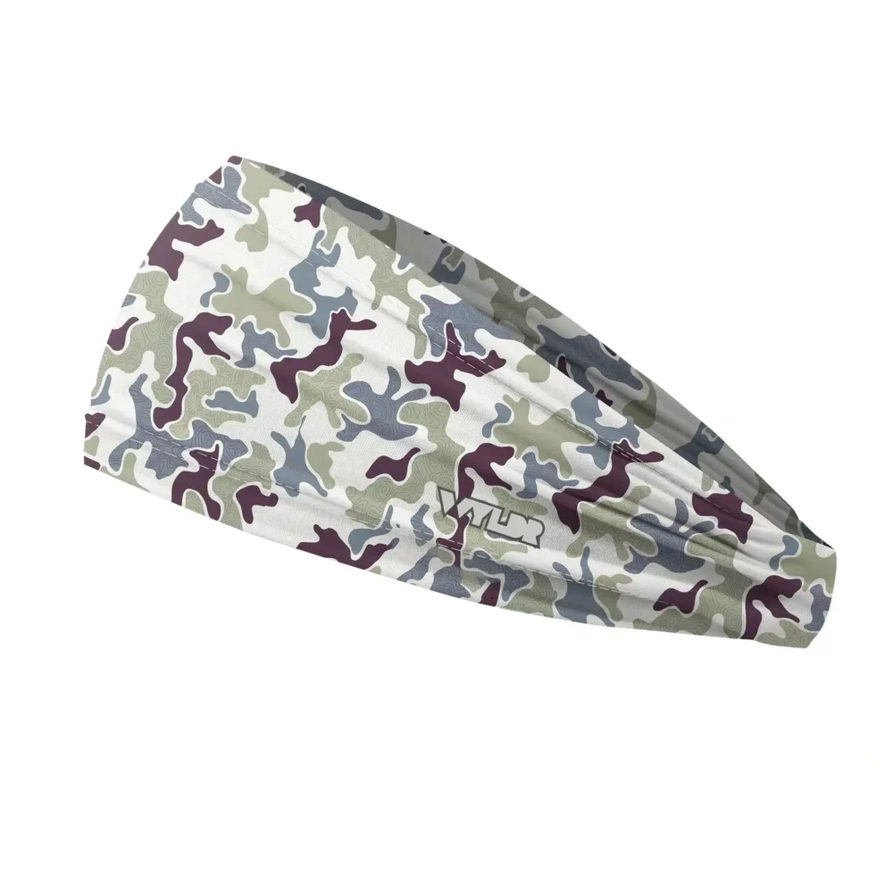 Side view of a headband that is 3 inches at the front and 1 inch in the back to show that it is tapered. this is a re-designed retro camo. a topo map has been placed behind some colors adding a new textured layer. the colors are in a celery/vine variant