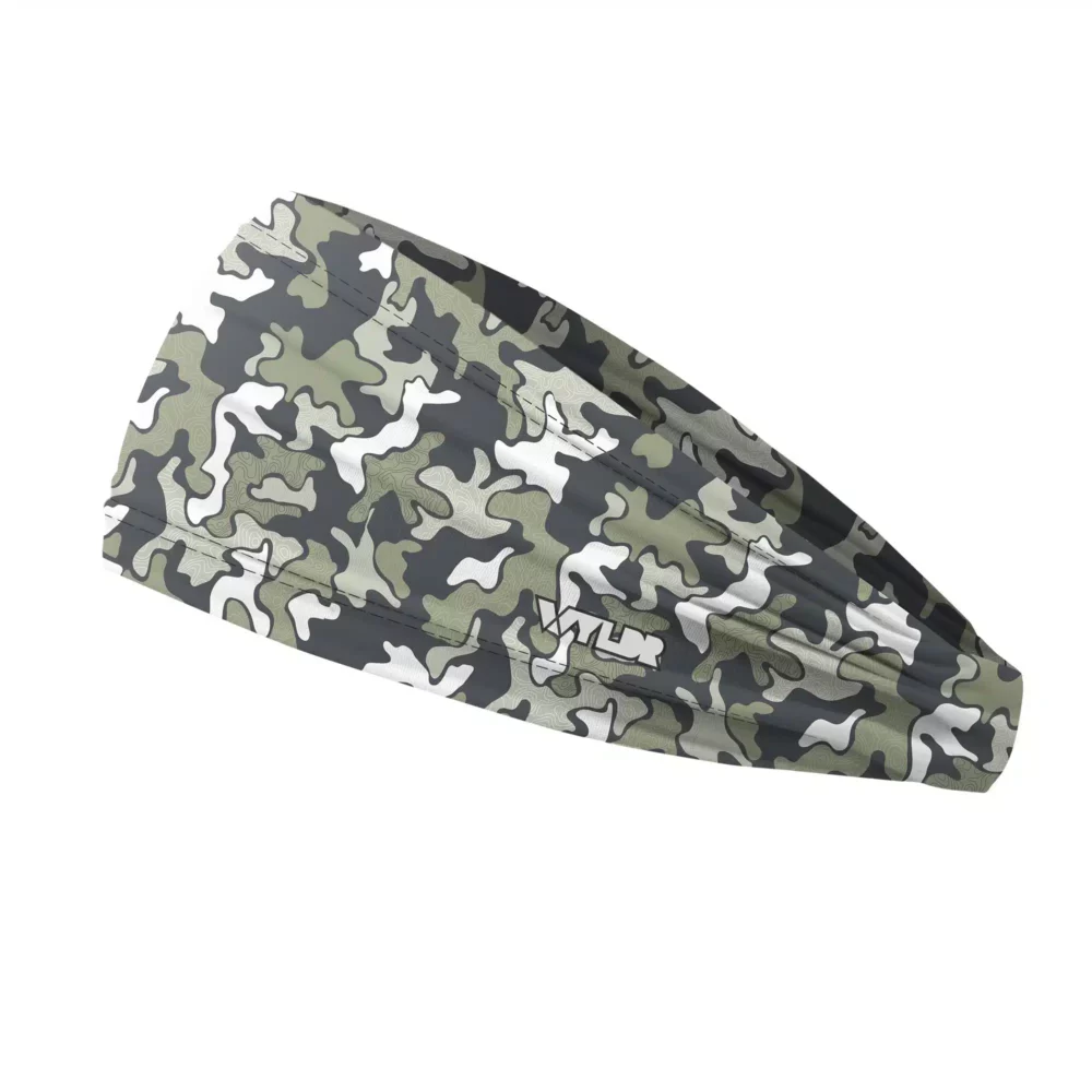 Side view of a headband that is 3 inches at the front and 1 inch in the back to show that it is tapered. this is a re-designed retro camo. a topo map has been placed behind some colors adding a new textured layer. the colors are in a sage/smoke variant