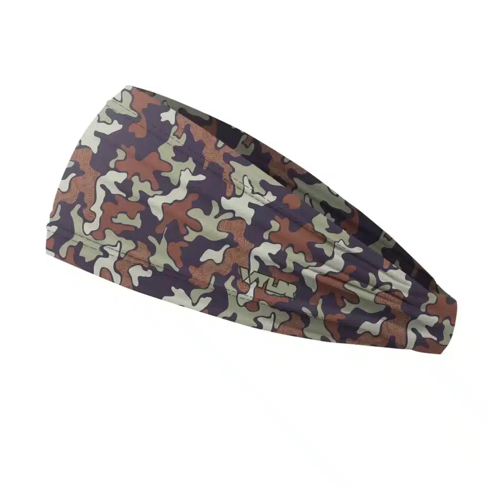 Side view of a headband that is 3 inches at the front and 1 inch in the back to show that it is tapered. this is a re-designed retro camo. a topo map has been placed behind some colors adding a new textured layer. the colors are in a sage/vine variant