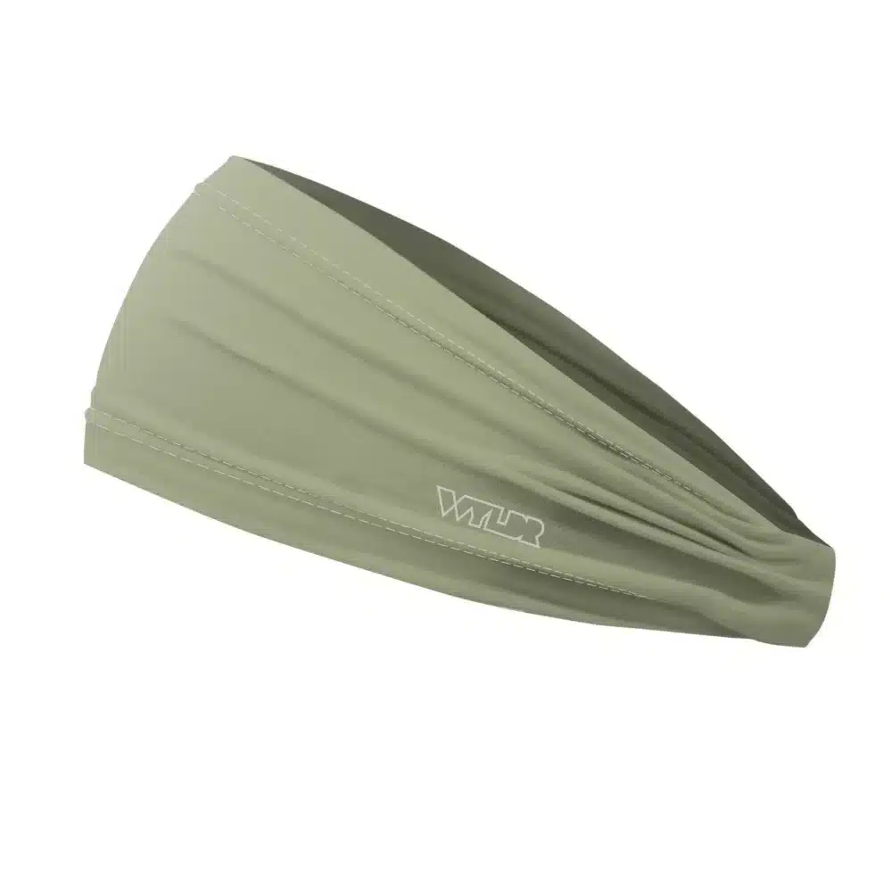Side view of a headband that is 3 inches at the front and 1 inch in the back to show that it is tapered. this is a solid color in a green shade called celery