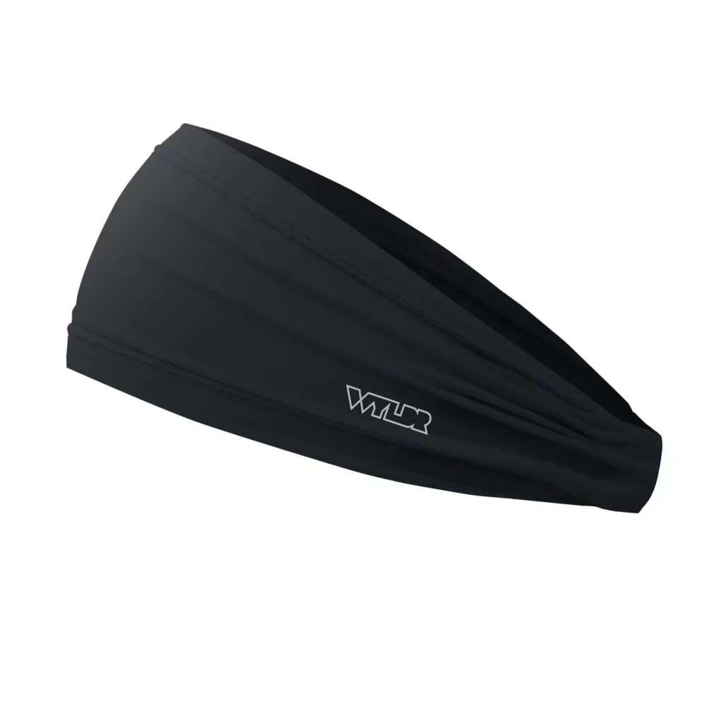 Side view of a headband that is 3 inches at the front and 1 inch in the back to show that it is tapered. this is a solid color in black