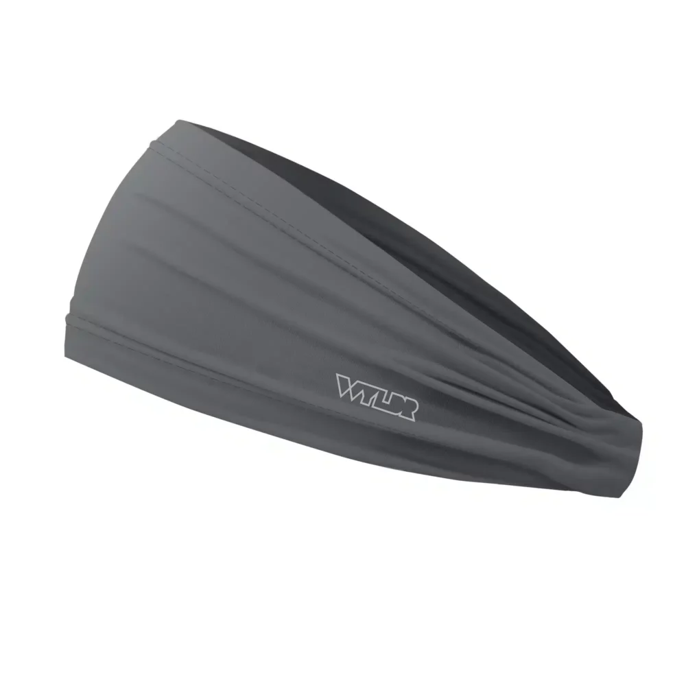 Side view of a headband that is 3 inches at the front and 1 inch in the back to show that it is tapered. this is a solid color in a gray shade called smoke