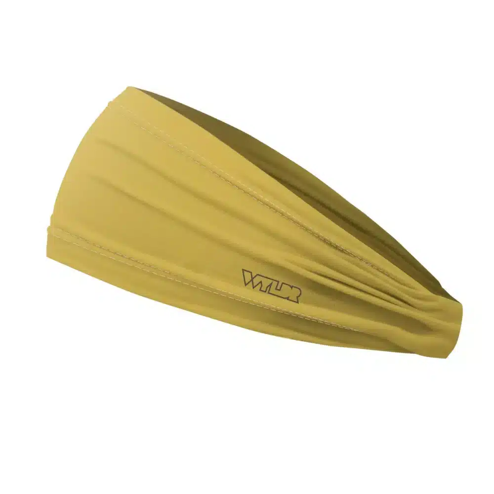 Side view of a headband that is 3 inches at the front and 1 inch in the back to show that it is tapered. this is a solid color in a yellow shade called sunflower