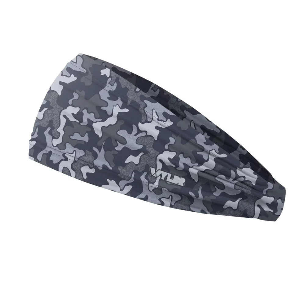 Side view of a headband that is 3 inches at the front and 1 inch in the back to show that it is tapered. this is a re-designed retro camo. a topo map has been placed behind some colors adding a new textured layer. the colors are in a coal/rain variant