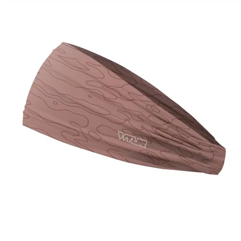 Side view of a headband that is 3 inches at the front and 1 inch in the back to show that it is tapered. The design is a simple re-designed topographical map design. Background is a light clay/putty color with rust colored lines