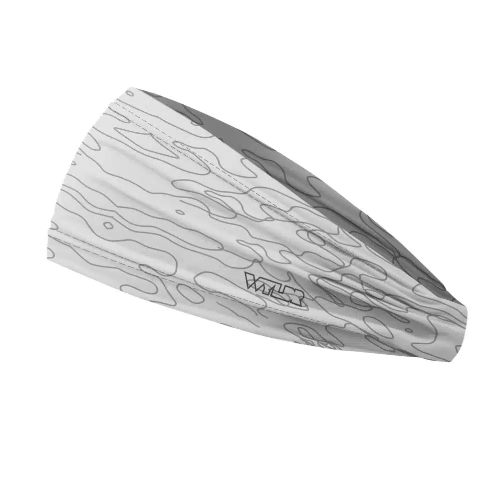 Side view of a headband that is 3 inches at the front and 1 inch in the back to show that it is tapered. The design is a simple re-designed topographical map design. Background is an off-white background with dark gray lines