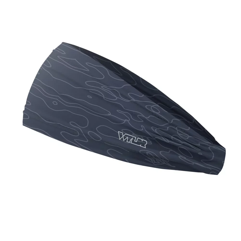 Side view of a headband that is 3 inches at the front and 1 inch in the back to show that it is tapered. The design is a simple re-designed topographical map design. Background is a dark blue background with light gray lines