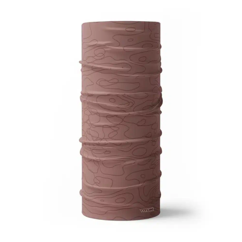 a full size neck gaiter in a simple re-designed topographical map design. Background is a light clay/putty color with rust colored lines