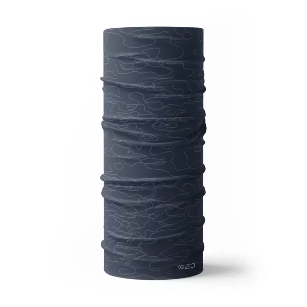 a full size neck gaiter in a simple re-designed topographical map design. Background is a dark blue color with light gray colored lines