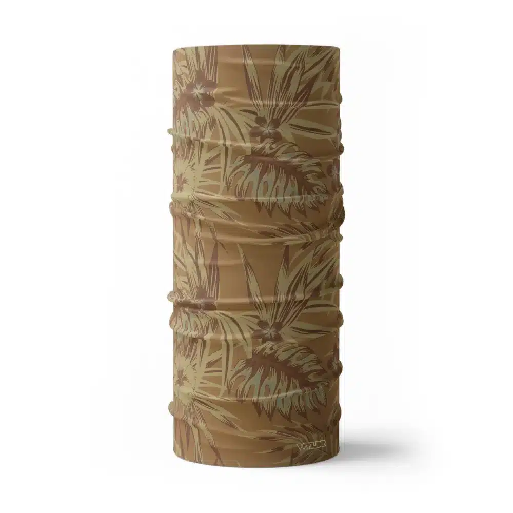 an image of a full size neck gaiter in an abstract pattern. lines are used to create the illusion of tropical flowers and leaves on a solid color background. this is in the cedar/sunflower color variant