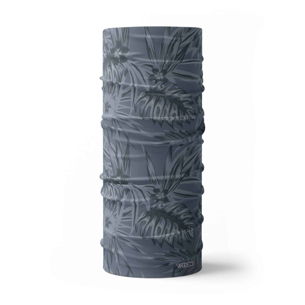 an image of a full size neck gaiter in an abstract pattern. lines are used to create the illusion of tropical flowers and leaves on a solid color background. this is in the coal/lake color variant