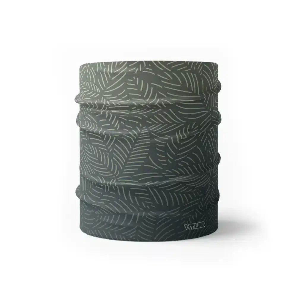 image of a wide sports headband with a crisp leaf pattern overlaid on a gradient background. The colors used in the gradiant are slate, sunflower and sage.