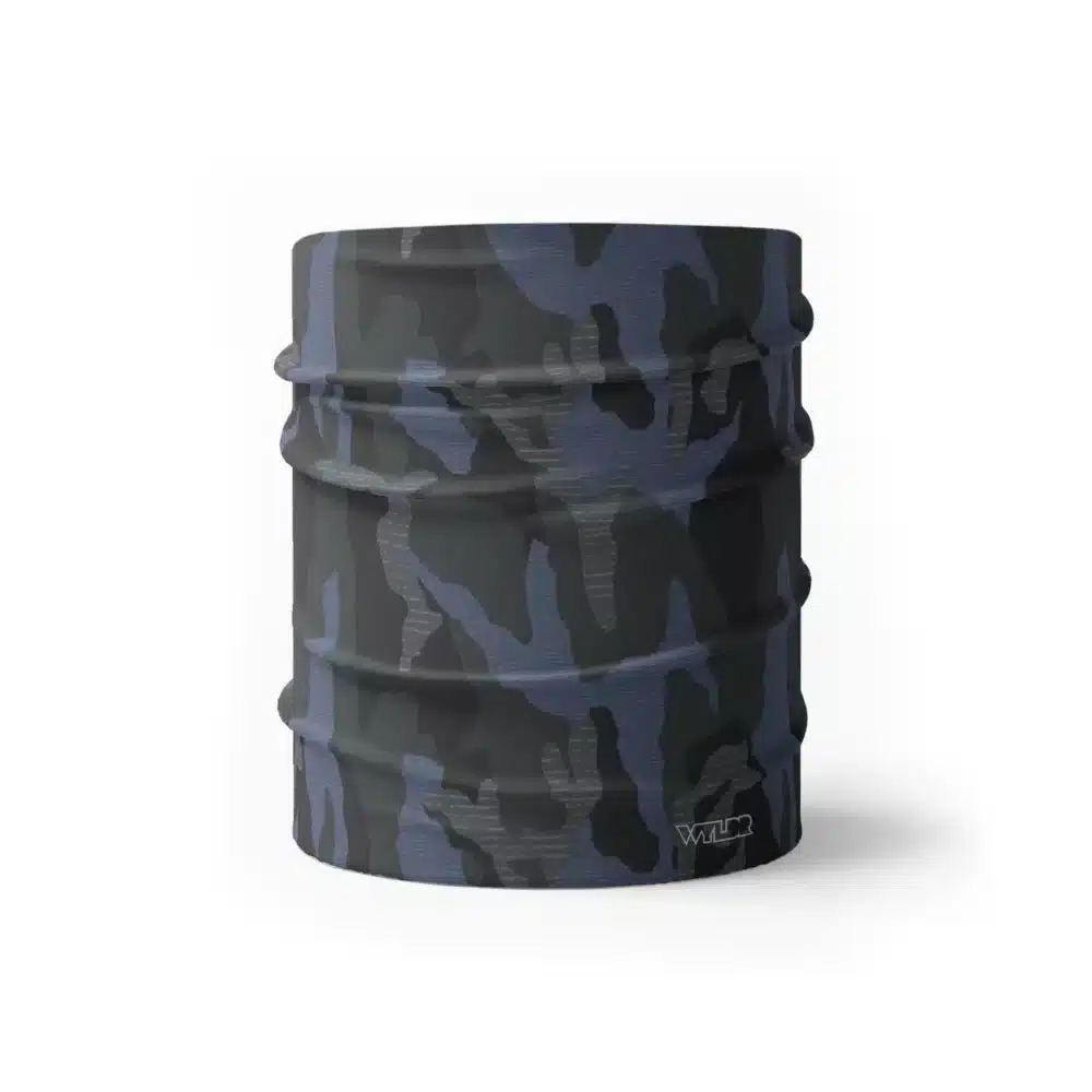 an image of half size neck gaiter in a camo pattern. inspired by current military camo, this takes that design and adds lined texture to some of the colors. featuring coal and smoke color variants