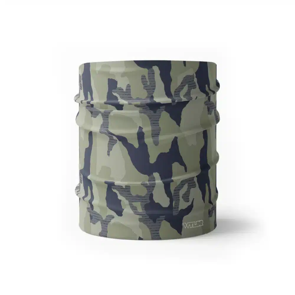 an image of half size neck gaiter in a camo pattern. inspired by current military camo, this takes that design and adds lined texture to some of the colors. featuring sage and rain color variants