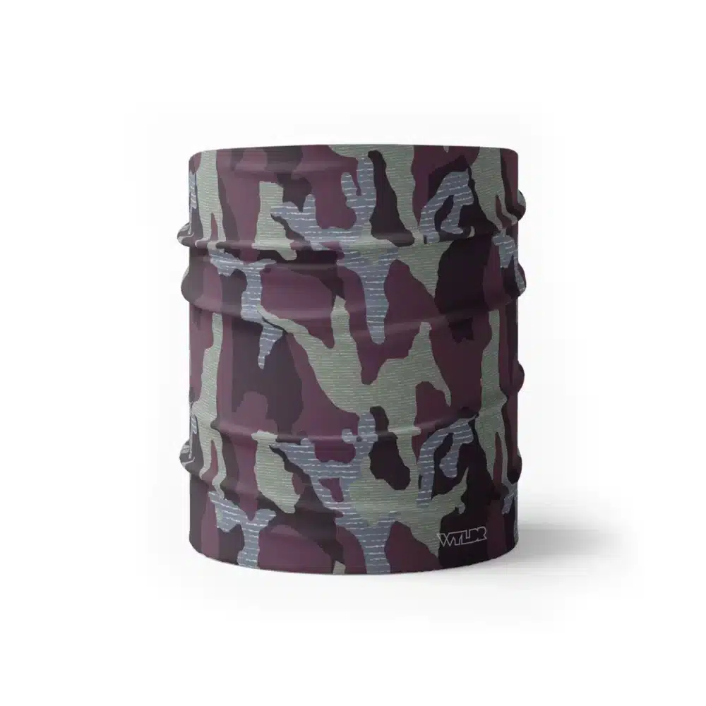 an image of half size neck gaiter in a camo pattern. inspired by current military camo, this takes that design and adds lined texture to some of the colors. featuring vine and lake color variants