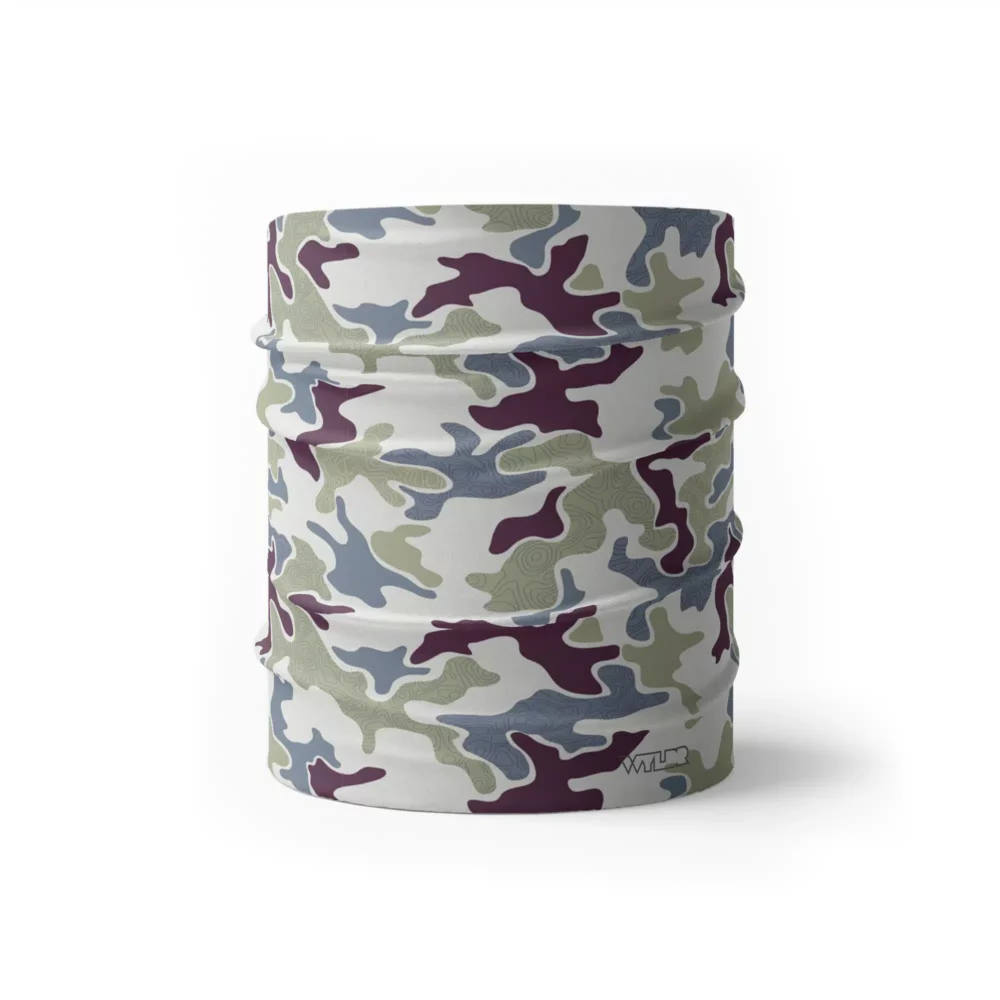 image of a wide sports headband in an updated version of the US Woodland style camo. A topo design has been overlaid on some colors providing an intricate detail to the pattern. The colors used in this design are vine, lake, celery and dune.