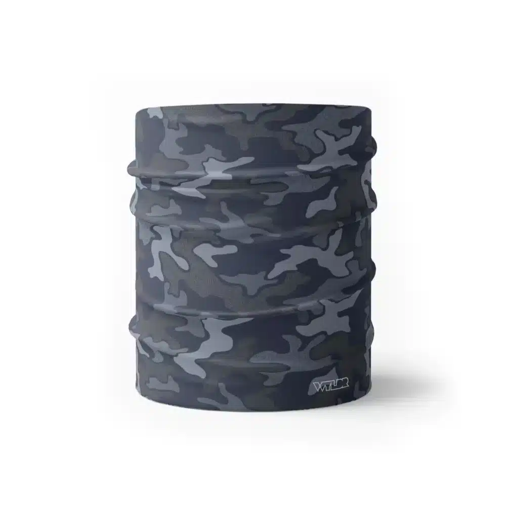 image of a wide sports headband in an updated version of the US Woodland style camo. A topo design has been overlaid on some colors providing an intricate detail to the pattern. The colors used in this design are coal, smoke and rain.
